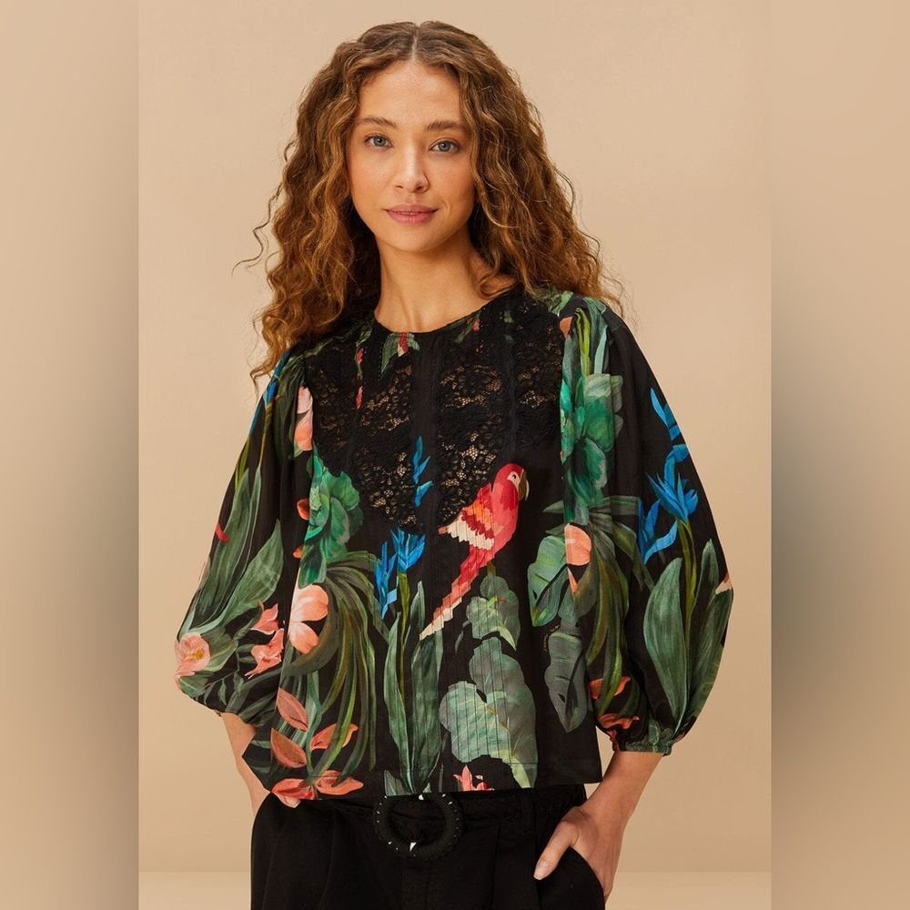 Midnight Macaw Fiesta Black Blouse. Size S - Picture 2 of 13